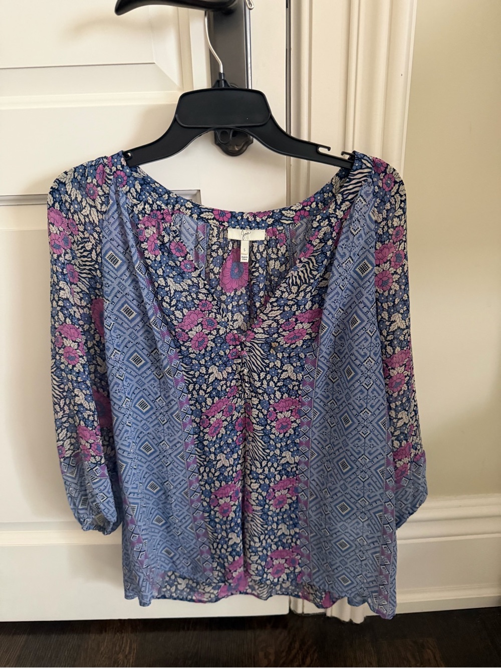 Joie Floral Printed Silk Blouse - Blue & Pink